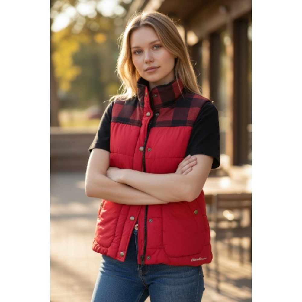 Eddie Bauer Red Plaid Corduroy Neck Women's Full Zip Puffer Vest‎